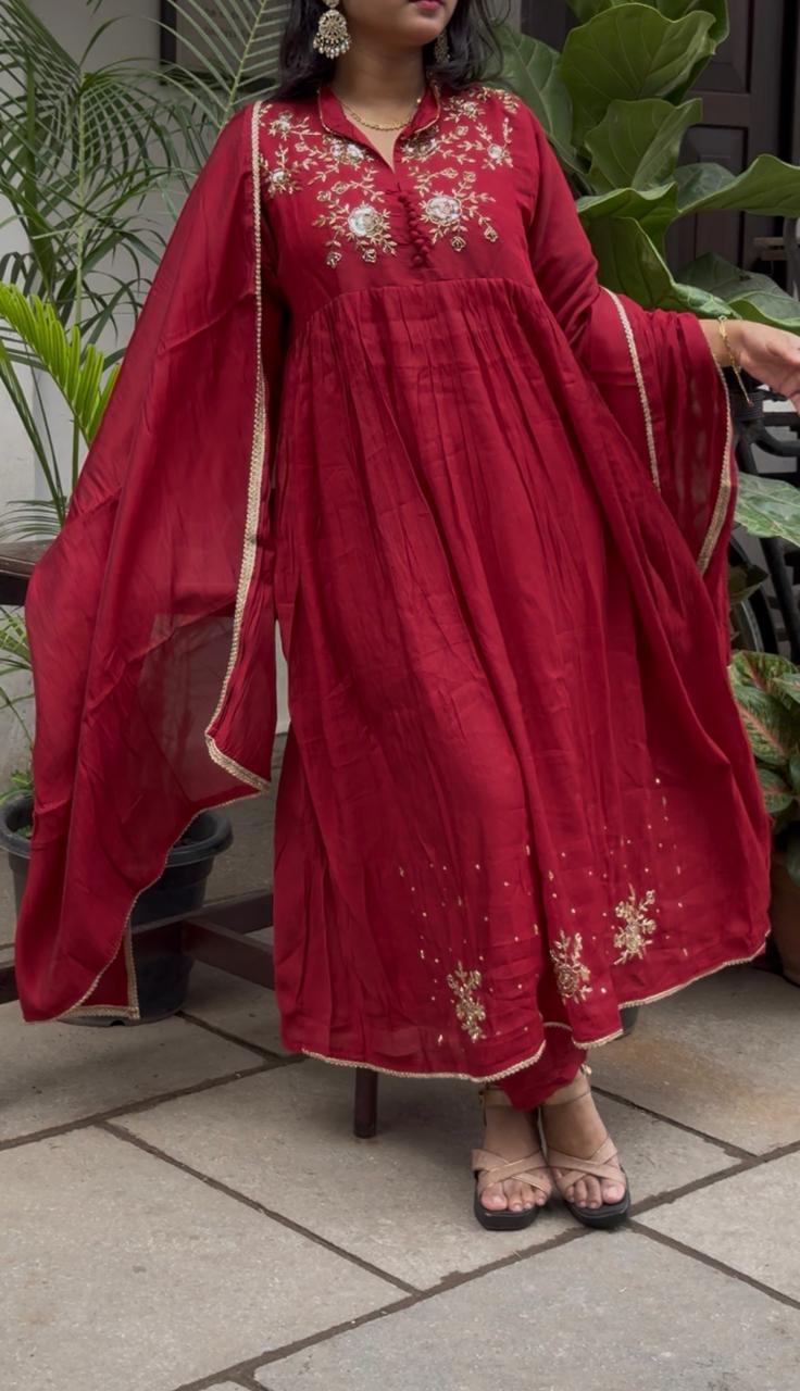Premium Embroidered Maroon Anarkali Suit Set✨🤩