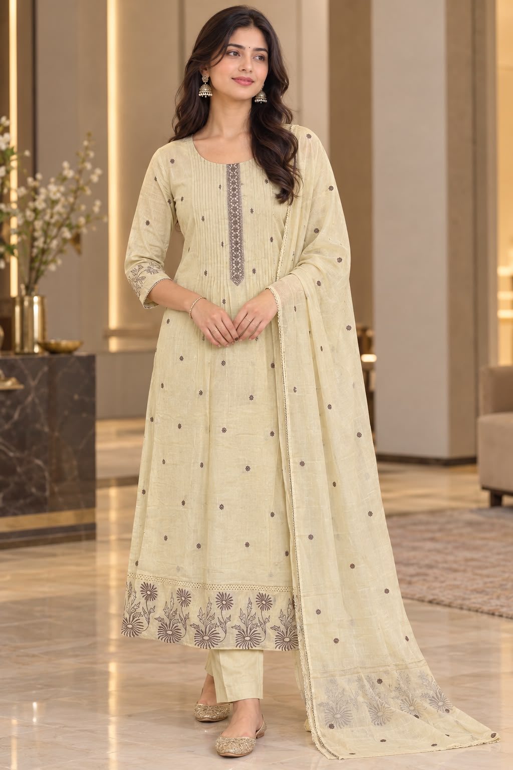 Elegant Embroidered Cotton Suit Set – Beige