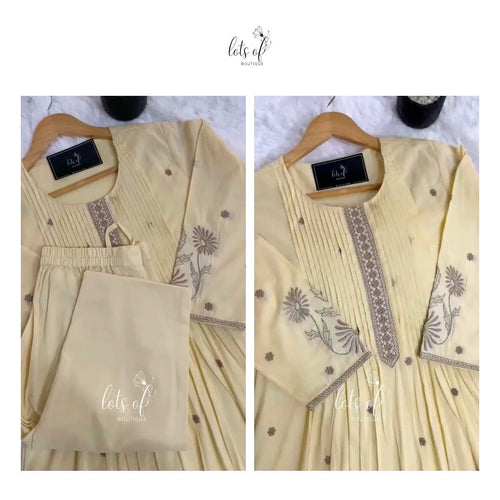 Elegant Embroidered Cotton Suit Set – Beige