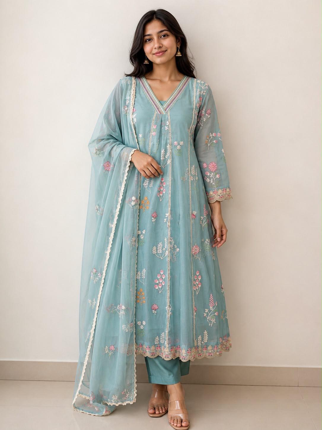 ✨ Imported Crush Rayon Ready-to-Wear Embroidered Anarkali Set ✨